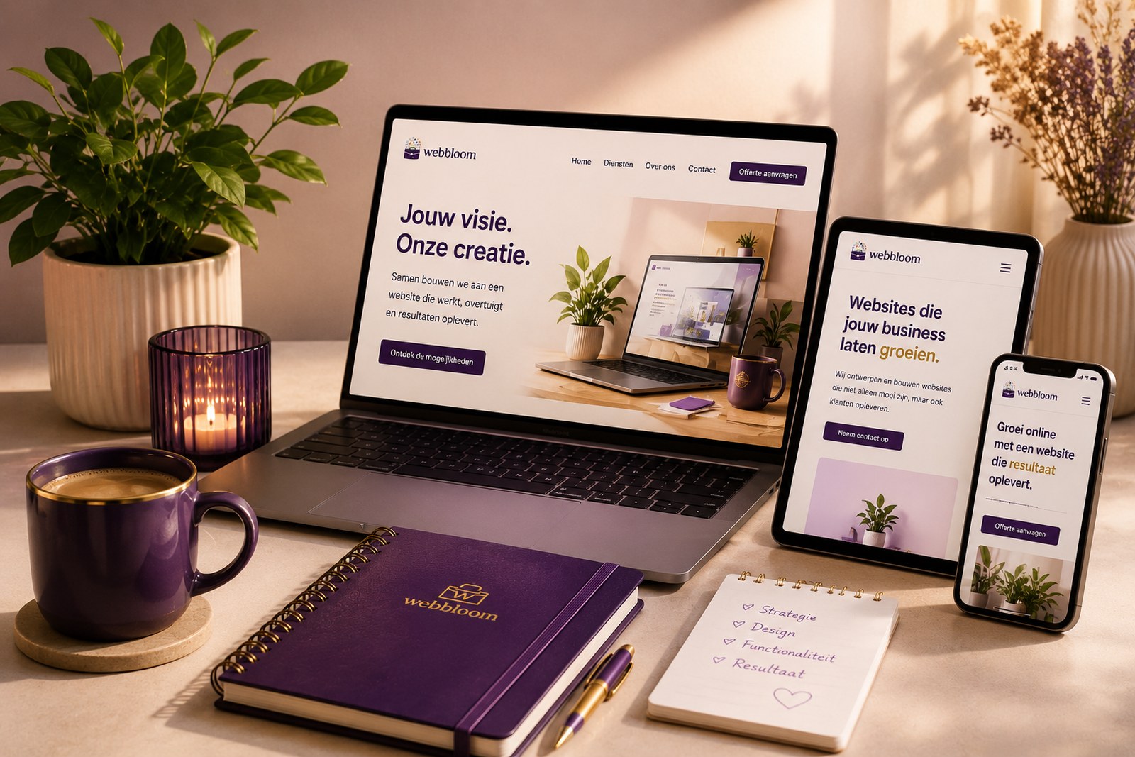 Webdesign van Webbloom weergegeven op laptop, tablet en smartphone